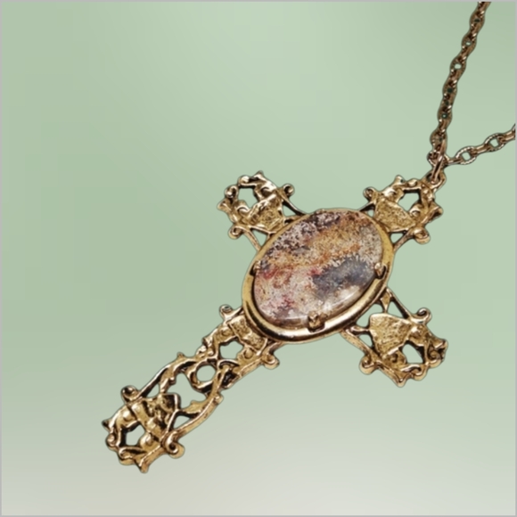 Gold-Tone Ornate Cross Necklace with Natural Stone Cabochon - Picture 3 of 7